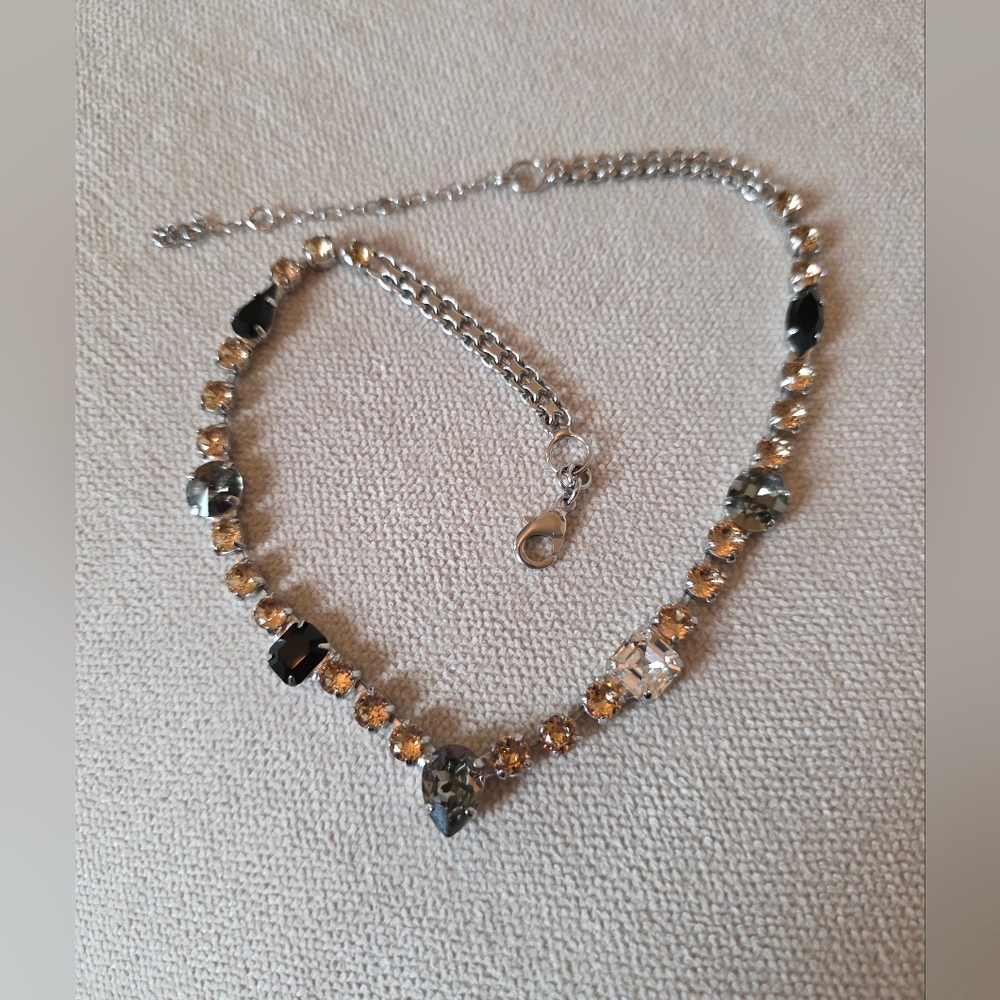 Sorrelli Mixed Crystal Statement Necklace – Silver Tone, Champagne & Black Stone